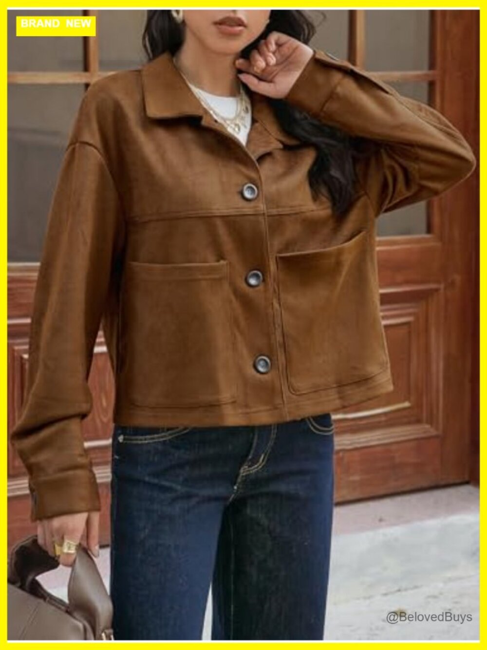 Cropped Faux Suede Leather Jacket Lapel Collar Button Down Short Coat Fall - Picture 5 of 6